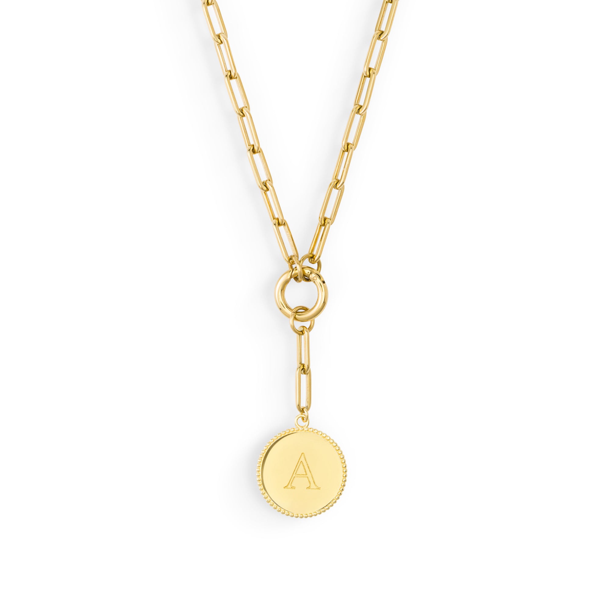 De coin charm verguld met 18k goud personaliseerbaar in maat 25mm met de it chapter necklace